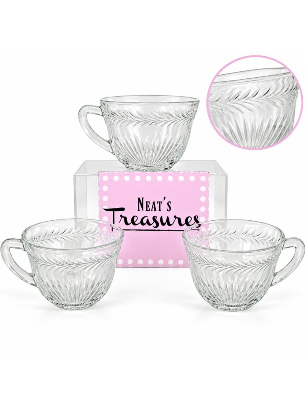 Jeannette SUNBURST HERRINGBONE Laurel Depression Clear Glass 8oz Punch Cup Set 3